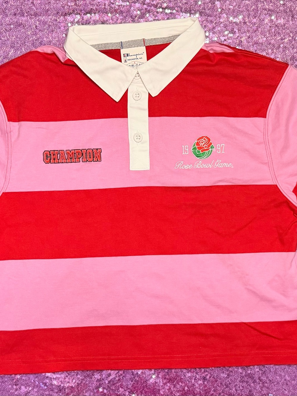 Champion Kids Red & Pink Striped Rugby Polo with White Collar